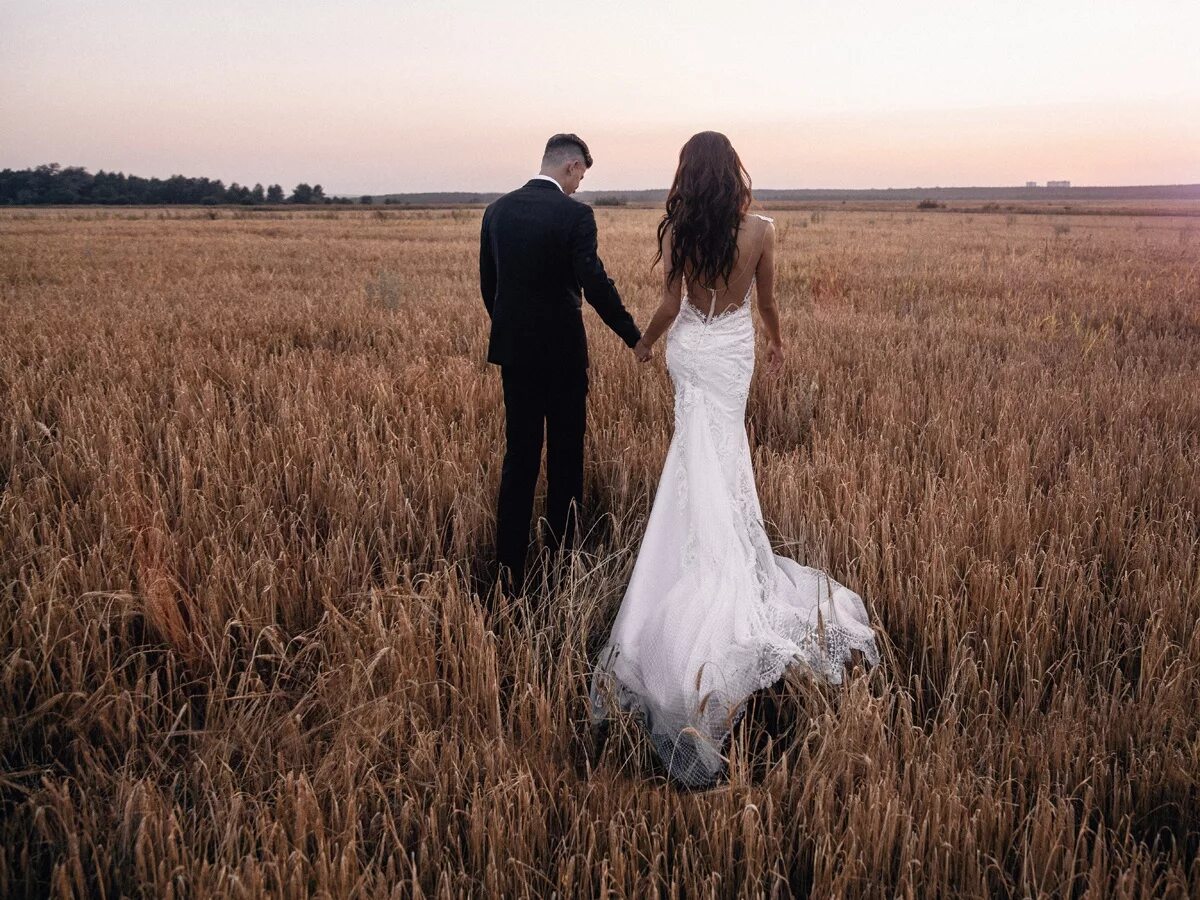Свадебная фотосессия в поле. Красивое свадебное платье в поле. Молодожены в поле. Жених и невеста в поле. Брачное поле