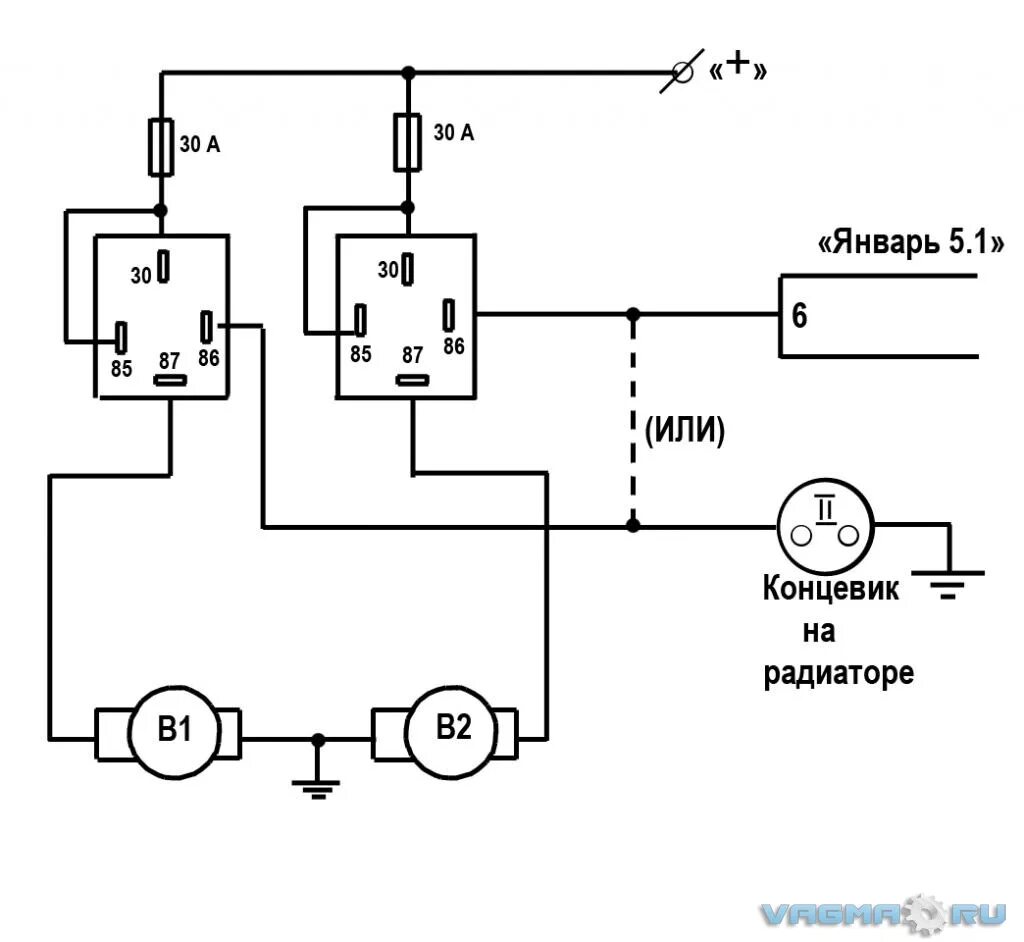 Вторая скорость вентиляторов. Схема подключения 2 реле на вентиляторы охлаждения. Схема подключения электровентилятора авто. Схема подключения двух вентиляторов охлаждения через реле. Схема включения вентилятора охлаждения двигателя через 2 реле.