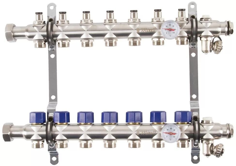 Коллектор 7 контуров. Коллекторная группа Mixell (е005-4) 1" ВР, 4 отвода 3/4" евроконус. Распределительный коллектор Mixell. Коллекторная группа Mixell (е005-8) 1" ВР, 8 отводов 3/4" евроконус. Коллекторная группа Mixell (е014-7) со смесительным узлом (без насоса) 1" НР, 7 отводов 3/4" евроконус.