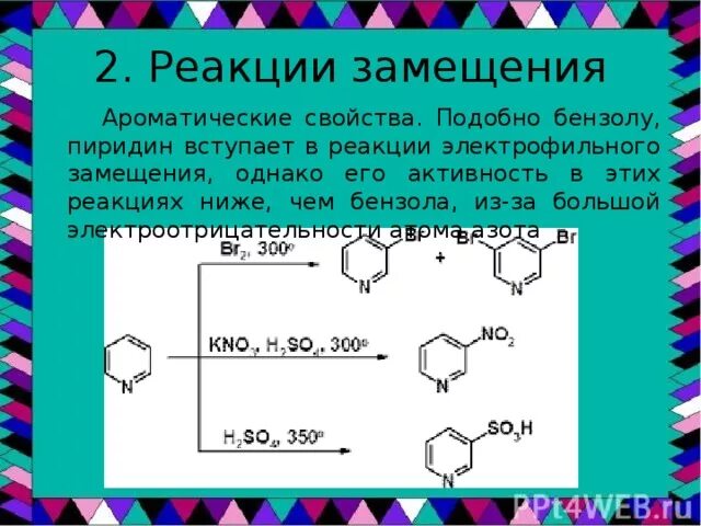 Сравнение реакции. Пиридин реакции. Химические реакции пиридина. Пиридин химические свойства. Пиридин реакции электрофильного замещения.