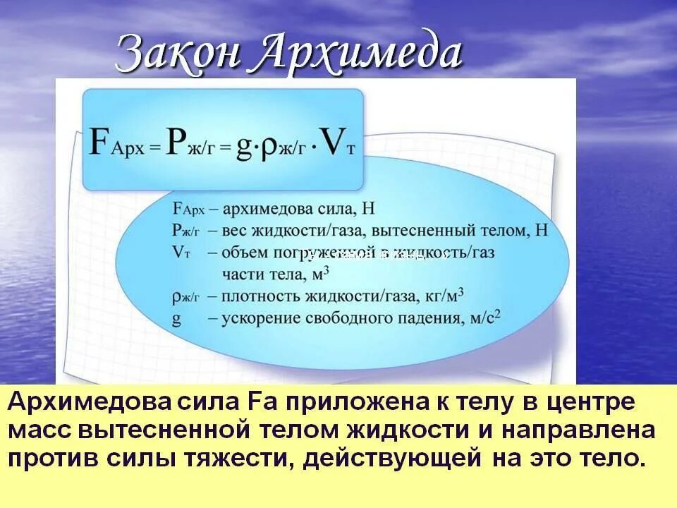 Выталкивающая сила закон Архимеда 7 класс. Формула закона Архимеда на жидкость. Архимедова сила физика 7 класс формула. Сила Архимеда 3 формулы.