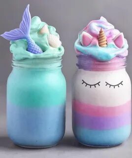 there are two jars that have unicorns on them and one has a mermaid tail.