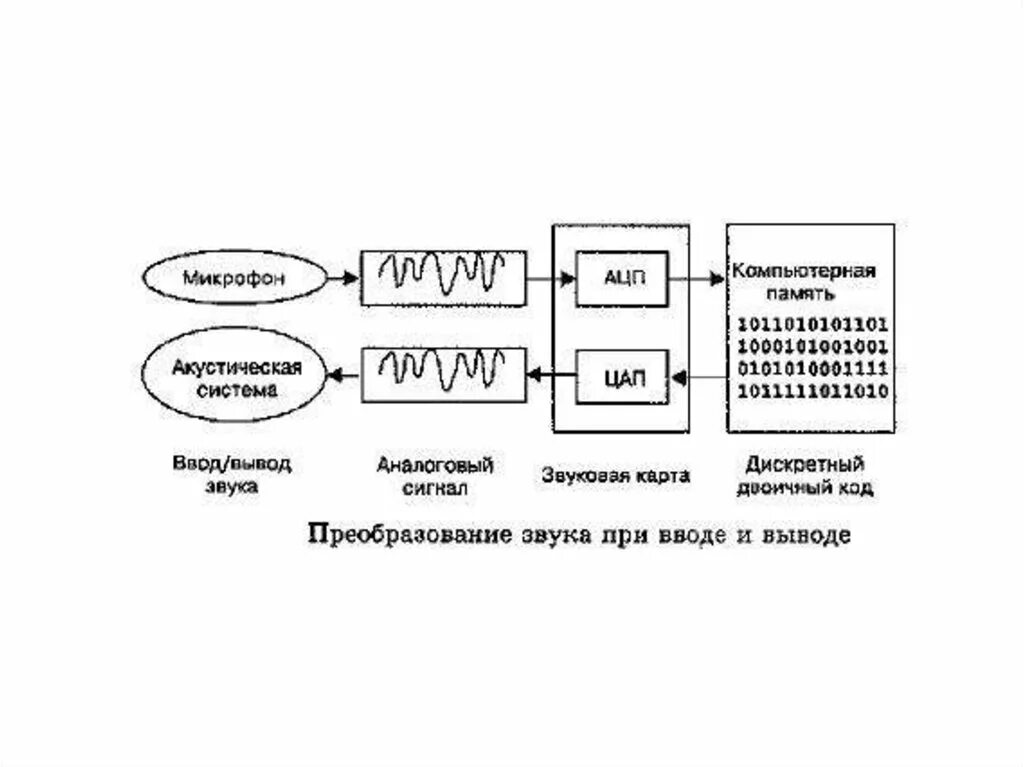 Представление звуковой информации в памяти компьютера. Схема обработки звука в компьютере. Представление звука в ПК. Звук в памяти компьютера. Памяти компьютера представление информации