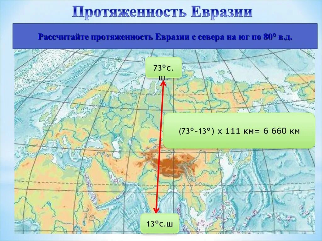 Протяженность Евразии по 100 меридиану. Протяженность Евразии по меридиану 100 в.д и параллели 50 с.ш. Протяженность Евразии с севера на Юг по 100 меридиану. Протяженность Евразии по 80 в.д.