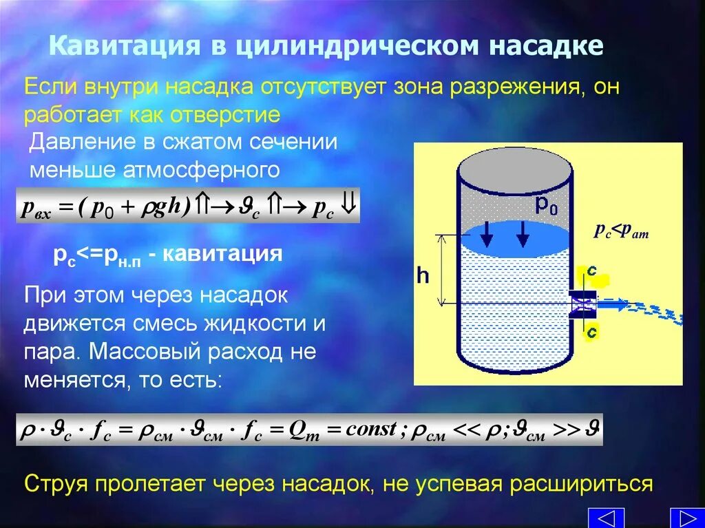 Почему при откачивании воздуха вода. Кавитация в гидроприводе. Формула кавитации в гидравлике. Истечение жидкости из цилиндрического насадка это. Истечение жидкостей из отверстий и насадок.