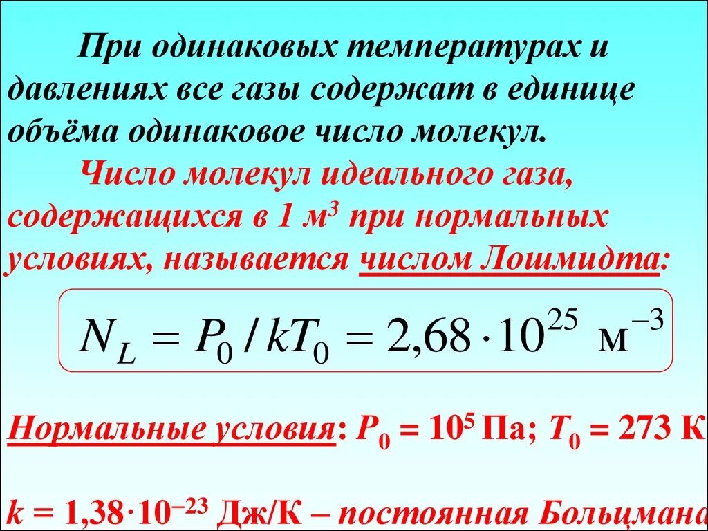 Давление газа физика 10. Число Лошмидта. Постоянная Лошмидта. Число молекул идеального газа. Давление идеального газа физика.