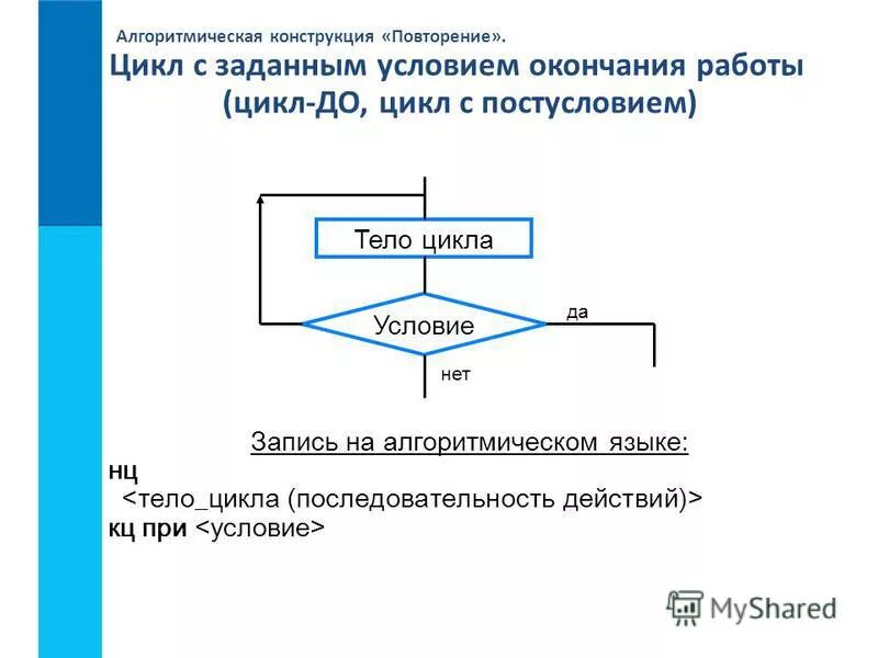 Цикл заданным условиям продолжения работы окончание работы. Алгоритмическая конструкция цикла с постусловием. Составьте на алгоритмическом языке конструкцию цикла с постусловием. Конструкция цикла на алгоритмическом языке. Алгоритмическая конструкция повторение примеры.