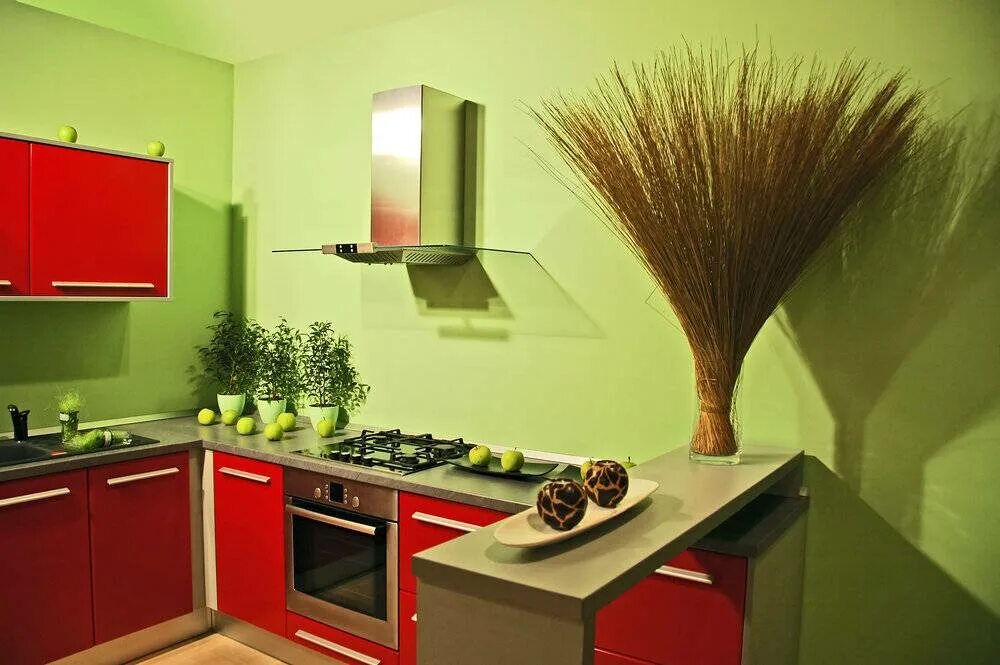 Дизайн покраски кухни. Салатовые стены на кухне. Кухня с зелеными стенами. Окрашивание стен на кухне. Интерьер кухни краской.