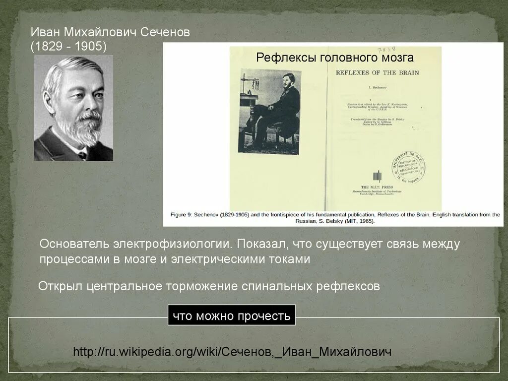 Сеченов рефлексы головного. Рефлексы головного мозга Сеченов 1863.