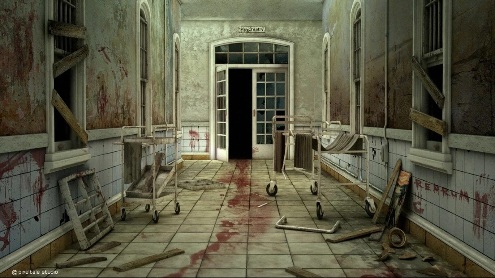 Creepy 3 прохождение. Психиатрическая больница хоррор. Заброшенный госпиталь (abandoned Hospital Red). Психиатрическая лечебница Кейн Хилл. Заброшенная психиатрическая больница коридор.