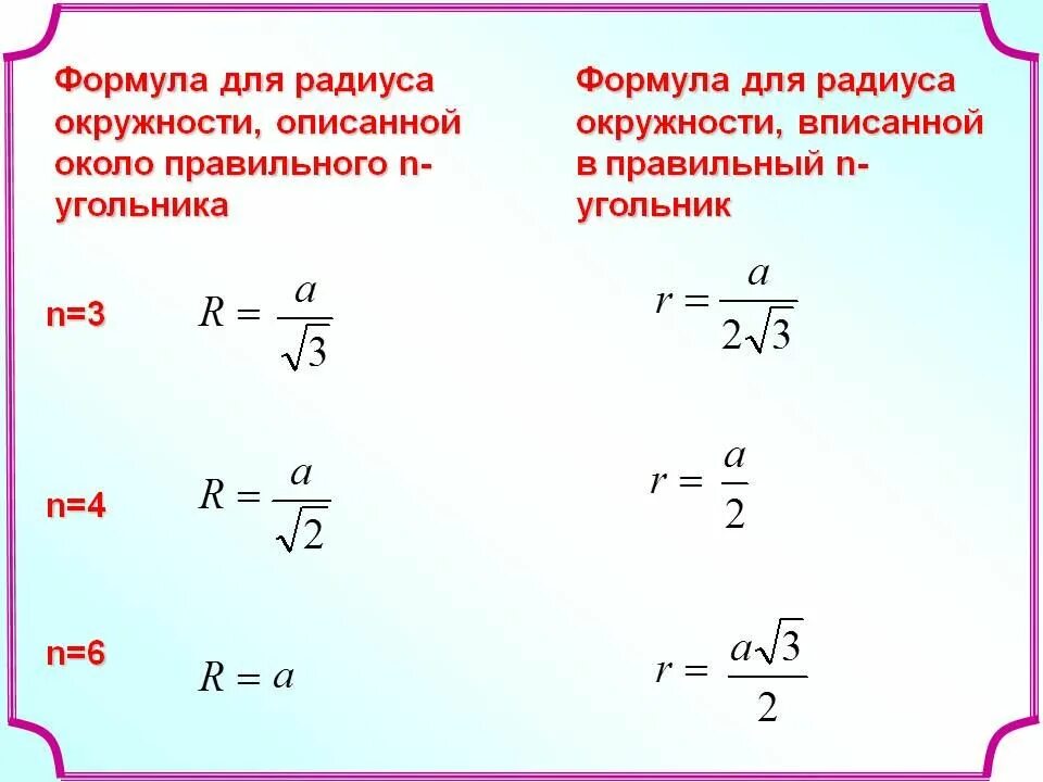 Радиус через. Формула для нахождения радиуса описанной окружности треугольника. Формула нахождения радиуса. Формула радиуса описанной окружности правильного треугольника. Формулы радиуса вписанной и описанной окружности.