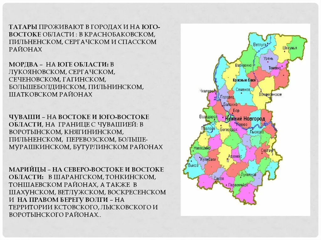 3 края нижегородской области. Этнический состав Нижегородской губернии. Расселение мордвы в Нижегородской области. Карта Нижегородской области с народностями. Районы Нижегородской области.