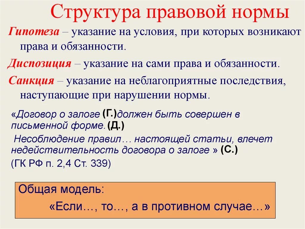 Гипотеза в ук рф. Гипотеза диспозиция санкция примеры. Структура правовой нормы примеры.