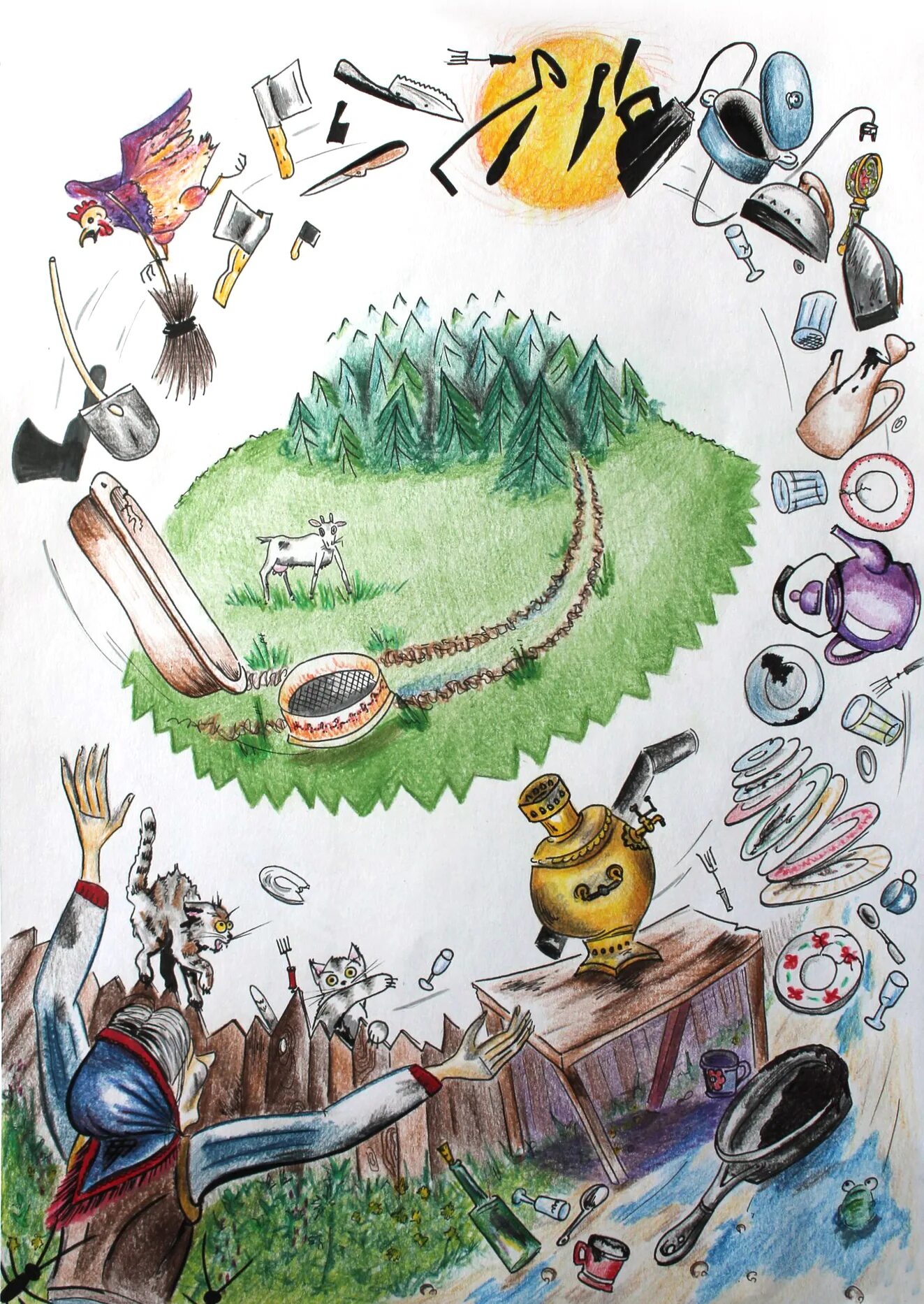 Иллюстрации к сказке федорино горе с козой чуковского. Иллюстрация к федорину горю. Иллюстрация к стихотворению федорино горе чуковского. Федорино горе презентация к уроку. Сказки чуковского федорино горе.