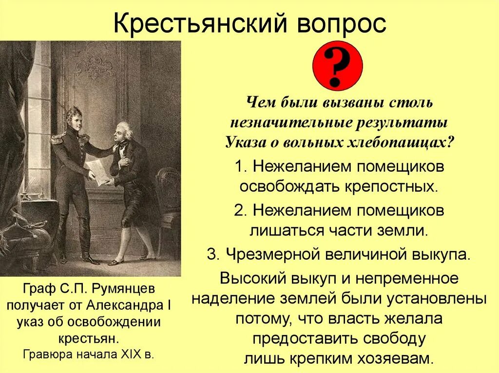 Крестьянский вопрос. Указ о «вольных хлебопашцах».. Указ «о ваяльных хлебопашцах. 1803 Указ о вольных хлебопашцах кратко. Год издания указа о вольных