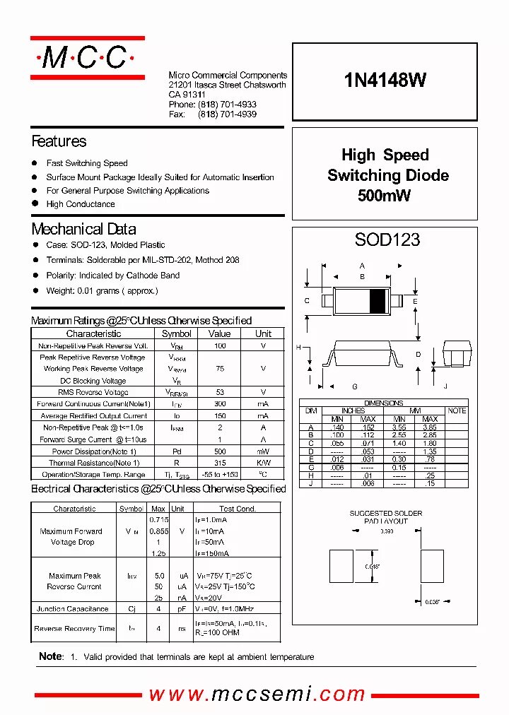 Даташит 1n4148. Диод 1n4148w datasheet.