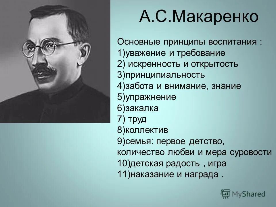 Главнейший принцип воспитания. Портрет Макаренко Антона Семеновича.