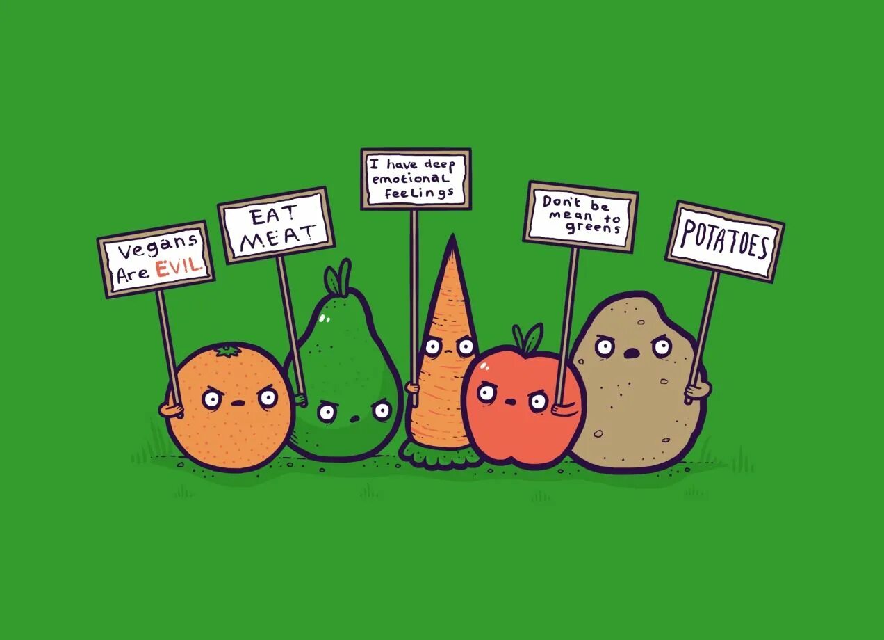Овощи против веганов. Злые овощи против веганов. Овощи карикатура. Правильное питание юмор.