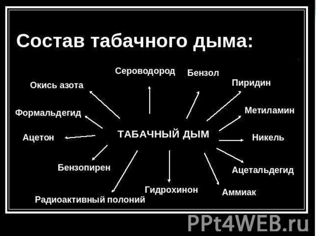 Составные части табачного дыма. Табачный дым и его составные части. Состав табачного дыма схема. Схема влияния компонентов табачного дыма на организм.