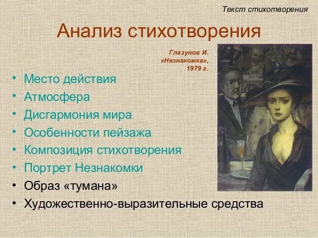 Блок а.а. "незнакомка". Блок незнакомка стихотворение. Незнакомка анализ. Анализ стихотворения незнакомка.