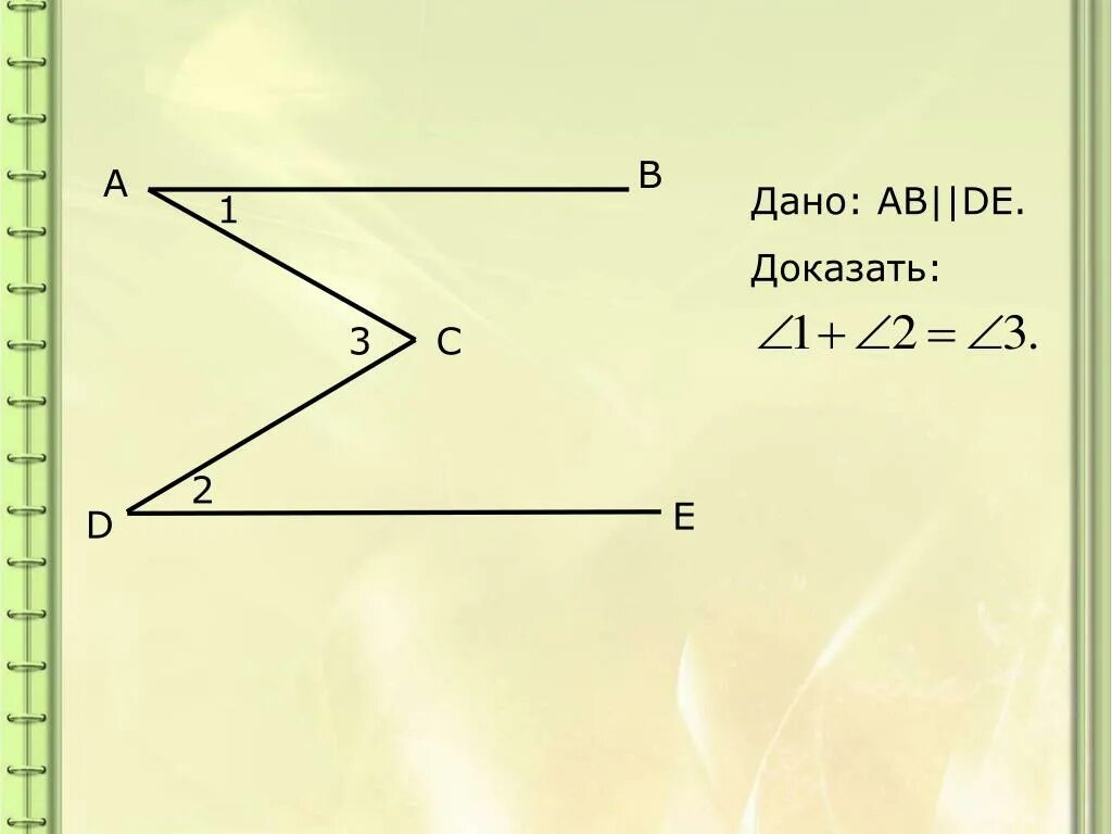 Соотношение углов 1 2 3. Дано ab параллельна de доказать угол 1+2 3. Дано ab de доказать угол 1+угол 2 равно угол 3. Дано АВ параллельно де доказать 1+2 3. АВ параллельна de доказать угол 1+2 3.
