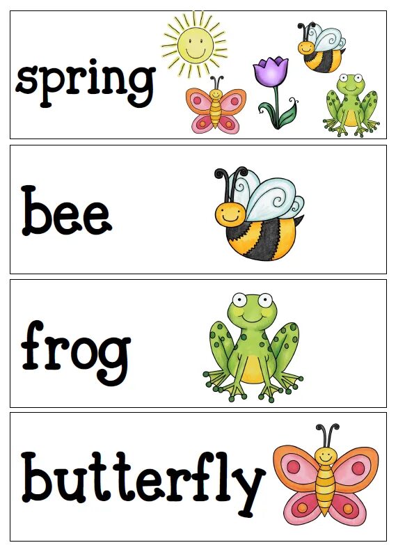 Spring Vocabulary for Kids. Words for Spring. Spring Vocabulary Flashcards. Spring Cards for Kids.