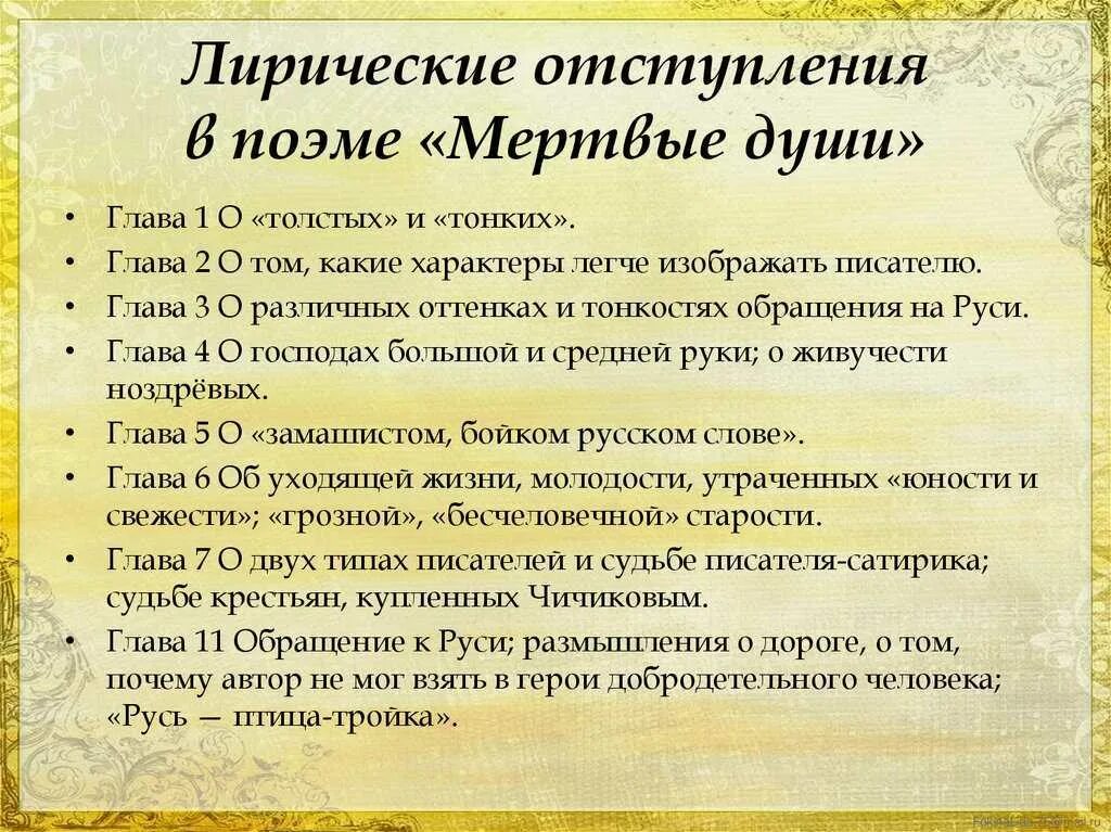 Мертвые души 4 5 глава кратко. Лирические отступления в поэме мертвые души. Темы лирических отступлений в поэме мертвые души. Роль лирических отступлений в поэме. Типы лирических отступлений в мертвых душах.