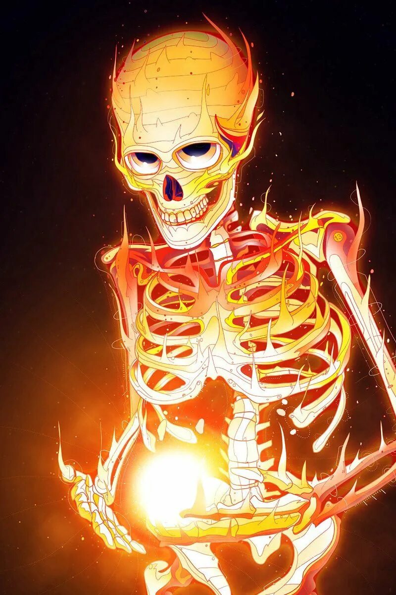 Кости сгорают. Огненный скелет. Огненный череп. Горящий скелет. Крутой скелет.