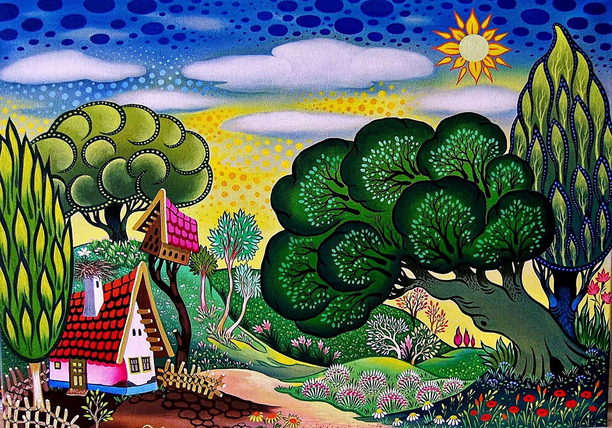 Воображение 4 буквы. Венгерский художник Ласло Кодай. Сказочные картины Ласло Кодай. Декоративный пейзаж. Сказочное дерево.
