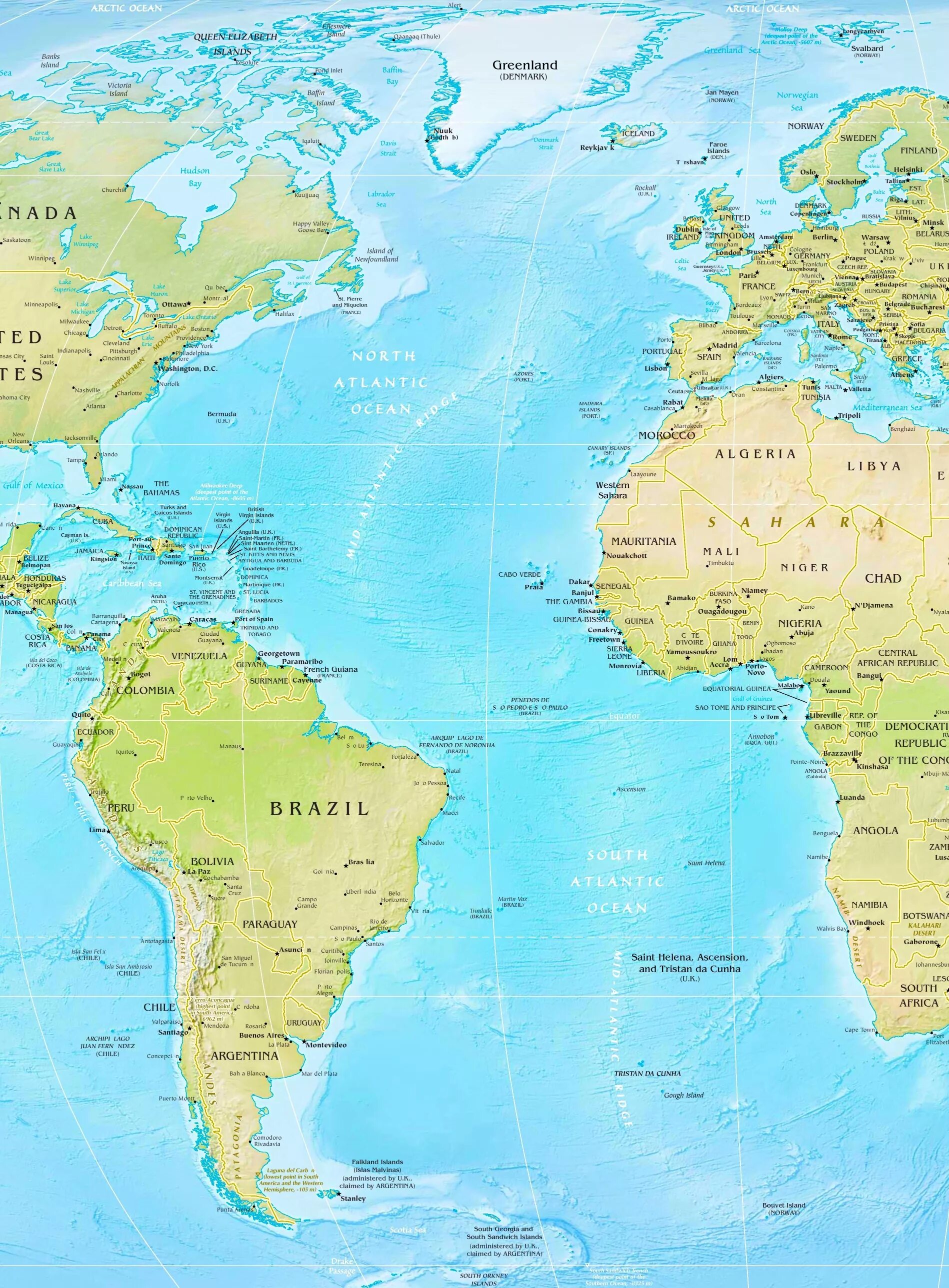 Атлантический океан находится между. Атлантический океан на карте. Атлантический океан физическая карта.