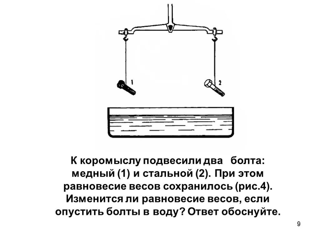 Изменится ли равновесие. К коромыслу весов подвешены два. Коромысло весов подвешивание два алюминиевый цилиндра. Коромысло весов. При погружении в воду равновесие весов.