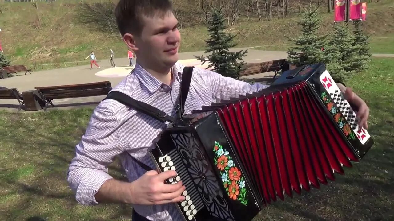 Поет песни под гармонь