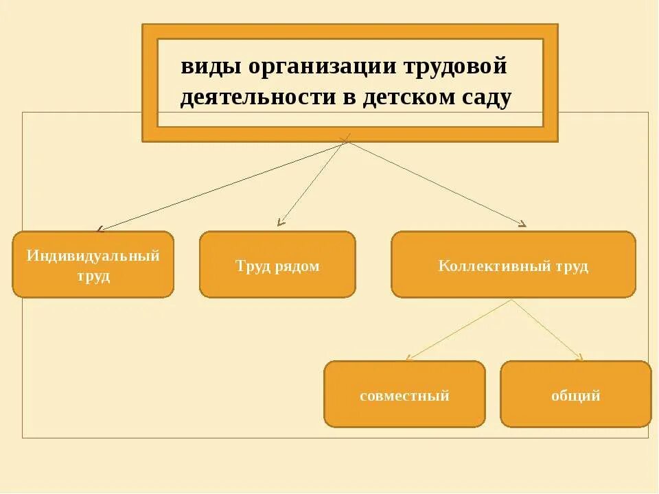 Виды коллективного труда в детском саду. Организация коллективной трудовой деятельности детей.. Выбор формы организации трудовой деятельности детей зависит от:. Виды трудовых организаций.