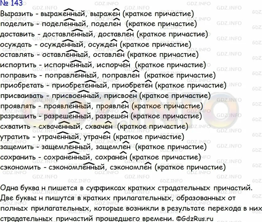 От данных глаголов образуйте краткие причастия. Русский язык 7 класс ладыженская номер 143. упр 143 по русскому языку. 143 от данных глаголов образуйте и запишите полные и краткие. гдз по русскому языку 7 причастие класс.