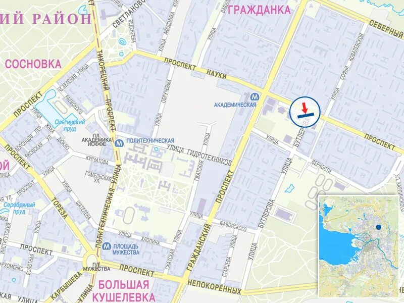 Где находится гражданка. Карта ул бутлерова. петербург район гражданка. м академическая. академический район санкт-петербурга.