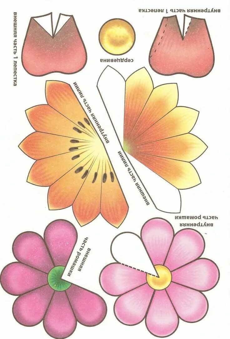 Цветы из цветной бумаги. Заготовки для бумажных цветов. Объемные цветы из бумаги. Цветочки для аппликации. Букет из бумаги распечатать