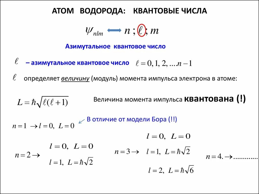 Квантовые числа электронов в атоме. Квантовые числа водорода. азимутальное квантовое число.