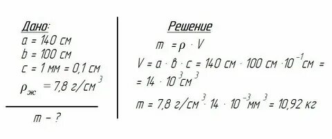 Определите массу листа железа размером 140
