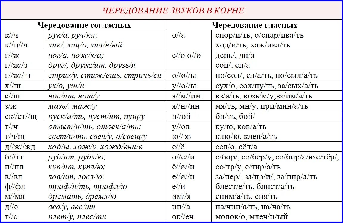 Чередование гласных и согласных в корне. Чередование звуков в корне таблица. Таблица чередования согласных звуков. Чередование согласных в корне слова таблица с примерами 5 класс.