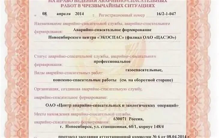 Свидетельство на аварийно спасательные работы