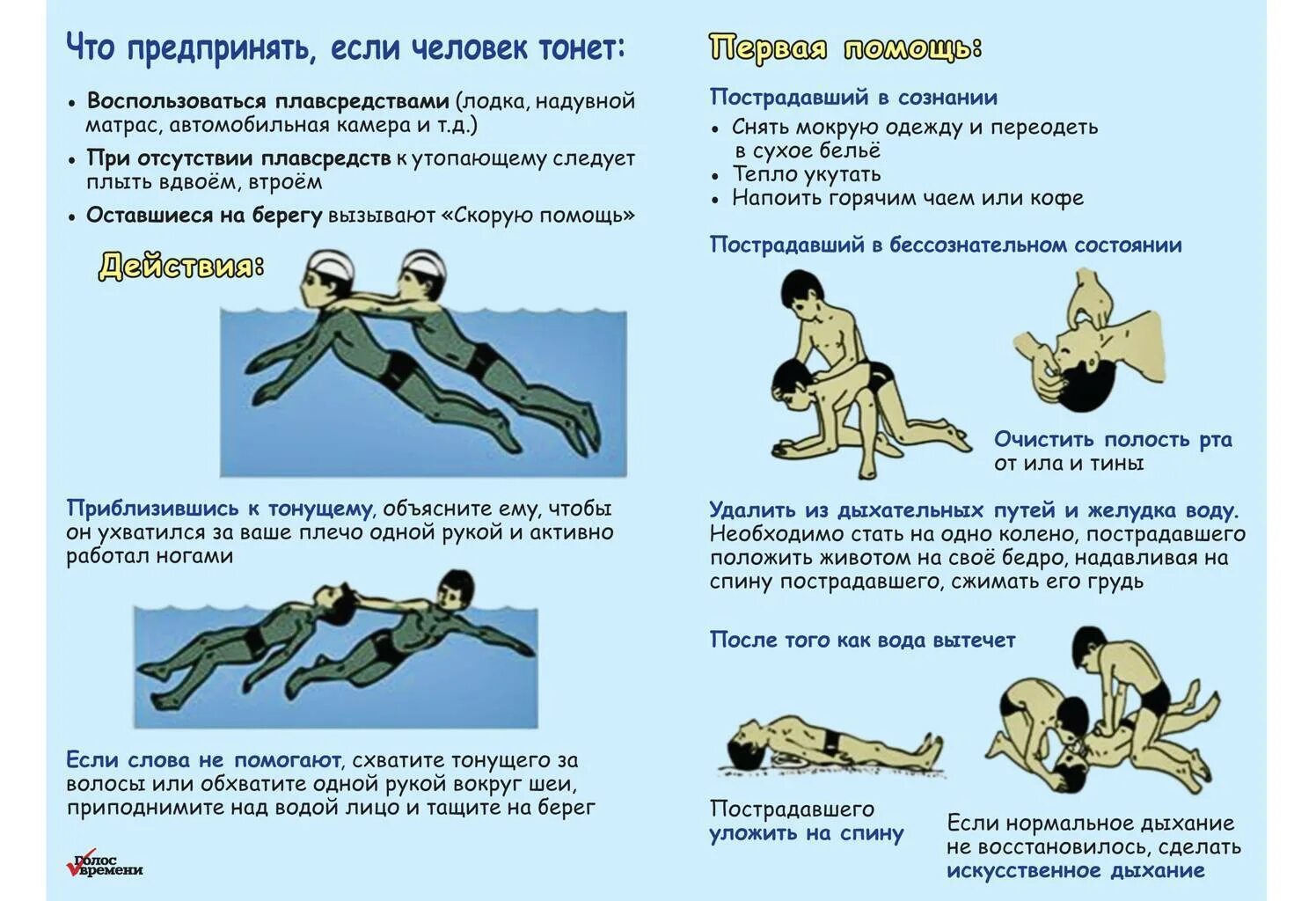 Каковы приемы первой помощи при спасении утопающего