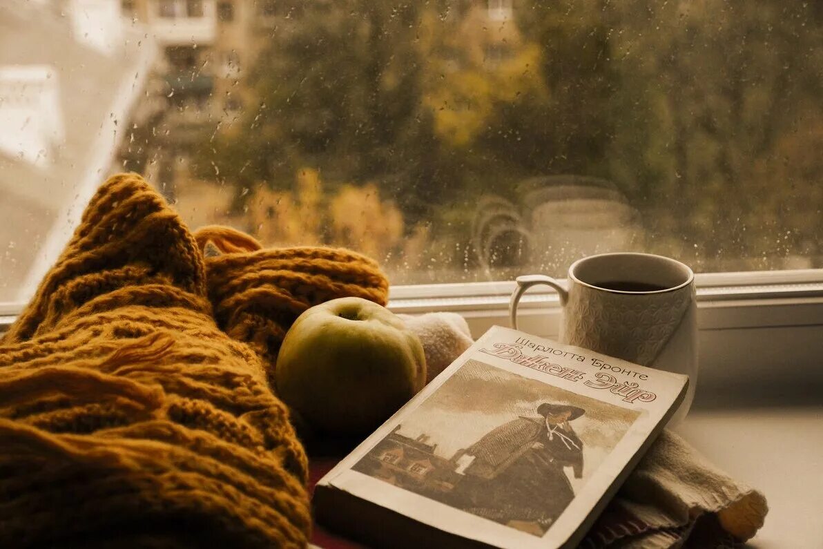 Утро туманно украшена снежинками книги собраны. В пледе у окна. Уютная осень. Чай плед уют. Вечер плед чай.