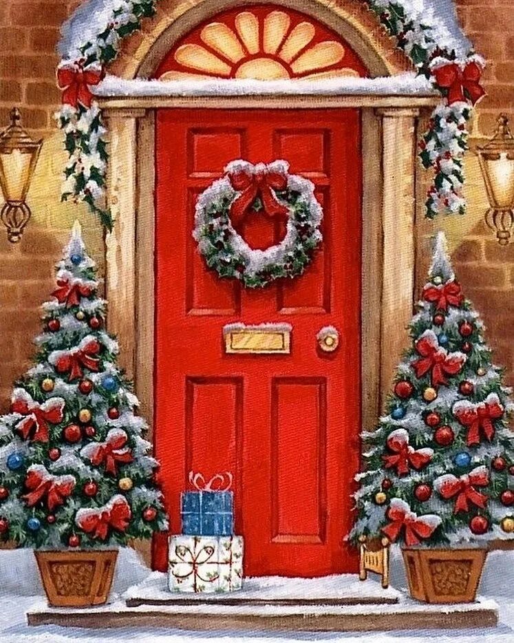 новогодняя дверь акварель. джим митчелл рождество. рисуем новогоднюю дверь. лена гнедкова иллюстрации рождество. новогодние окошки для домика.