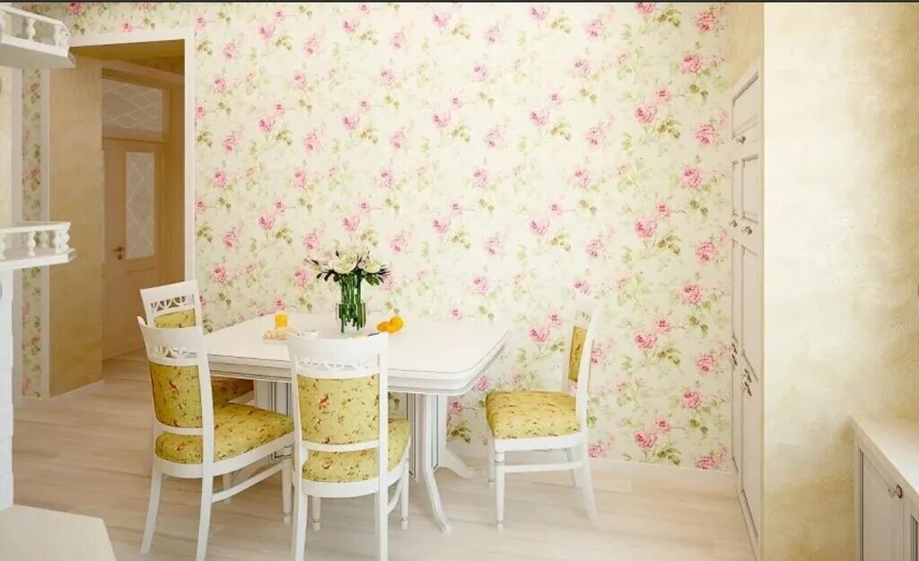 цветочные обои на кухне. фото кухни обои с цветами. обои для кухни. расцветка обоев для кухни. варианты обоев для кухни.