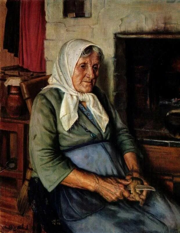 Старушка живопись. Бабушка в платочке. Портрет пожилой женщины.