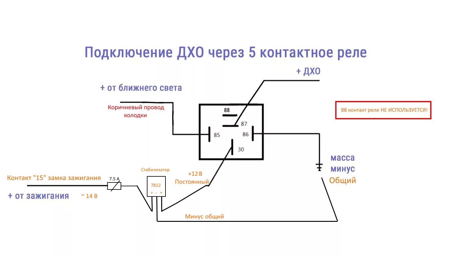 Схема подключения ходовых огней через реле схема. Схема подключения 5 контактного реле дневные ходовые огни. Схема включения ходовых огней на ВАЗ 2114. Схема подключения реле на ходовые огни от генератора. Дхо поворотники схема