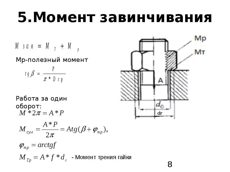 Момент насколько. Момент завинчивания гайки формула. Момент завинчивания резьбового соединения определяют по формуле. Момент сил завинчивания. Момент отвинчивания гайки формула.