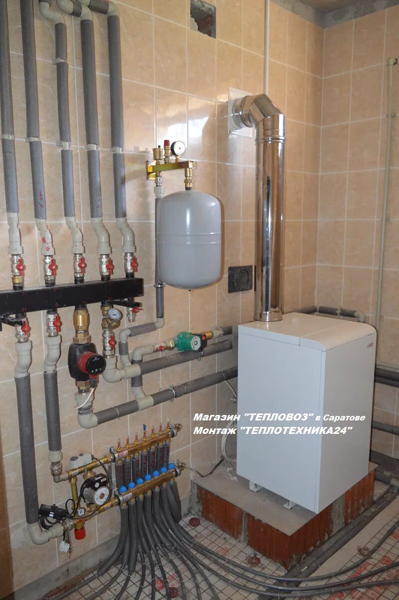 Газовый котел для частного двухэтажного дома. Обвязка напольного котла протерм. котельная в частном доме. отопление в частном доме. разводка в котельной в частном доме.