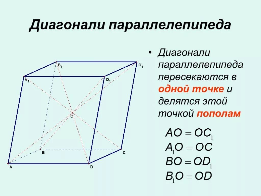 Параллелепипед диагональ. Прямоугольный параллелепипед 10 класс диагональ. диагонали параллелепипеда пересекаются в 1 одной точке. формула нахождения диагонали параллелепипеда. свойство диагоналей прямоугольного параллелепипеда.