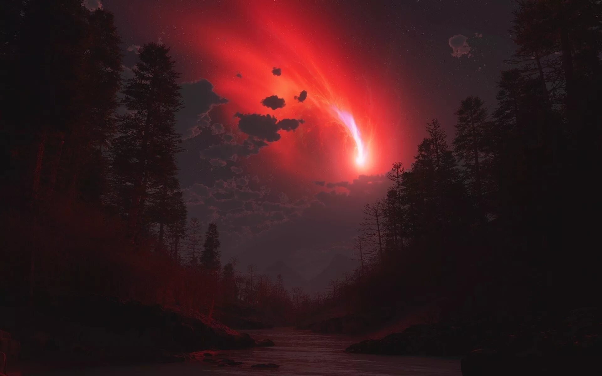 Сияние темноты. Красная Луна. Красная ночь. Красное небо ночью. Красный закат в лесу.